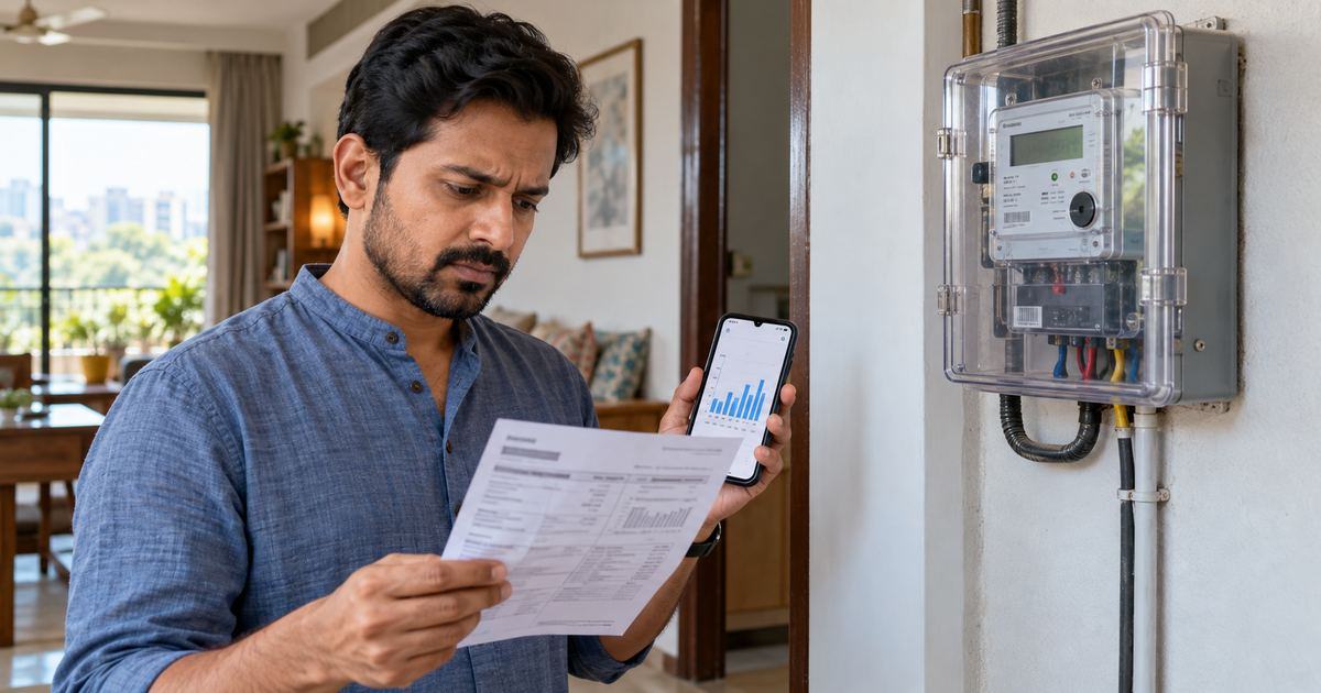 Homeowner reviewing a high electricity bill beside a digital smart meter and phone usage chart