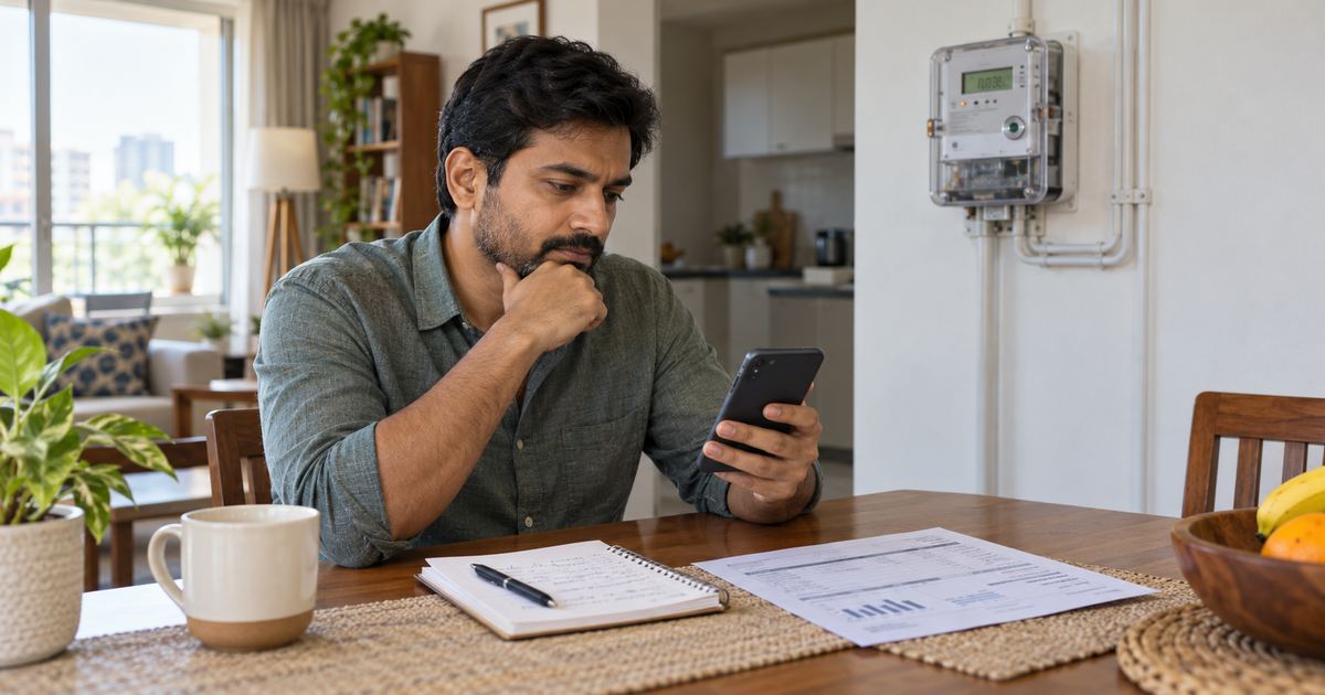 Homeowner checking daily smart meter balance deductions on a smartphone at a dining table