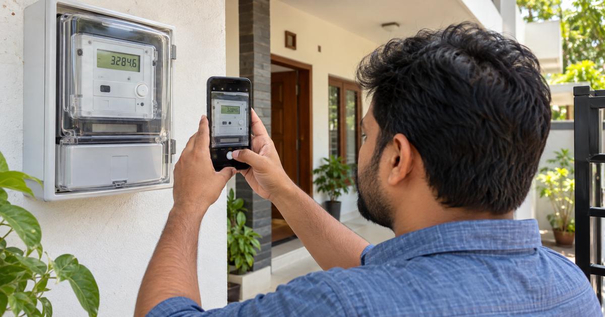 Person photographing the kWh reading on a digital electricity smart meter with a smartphone