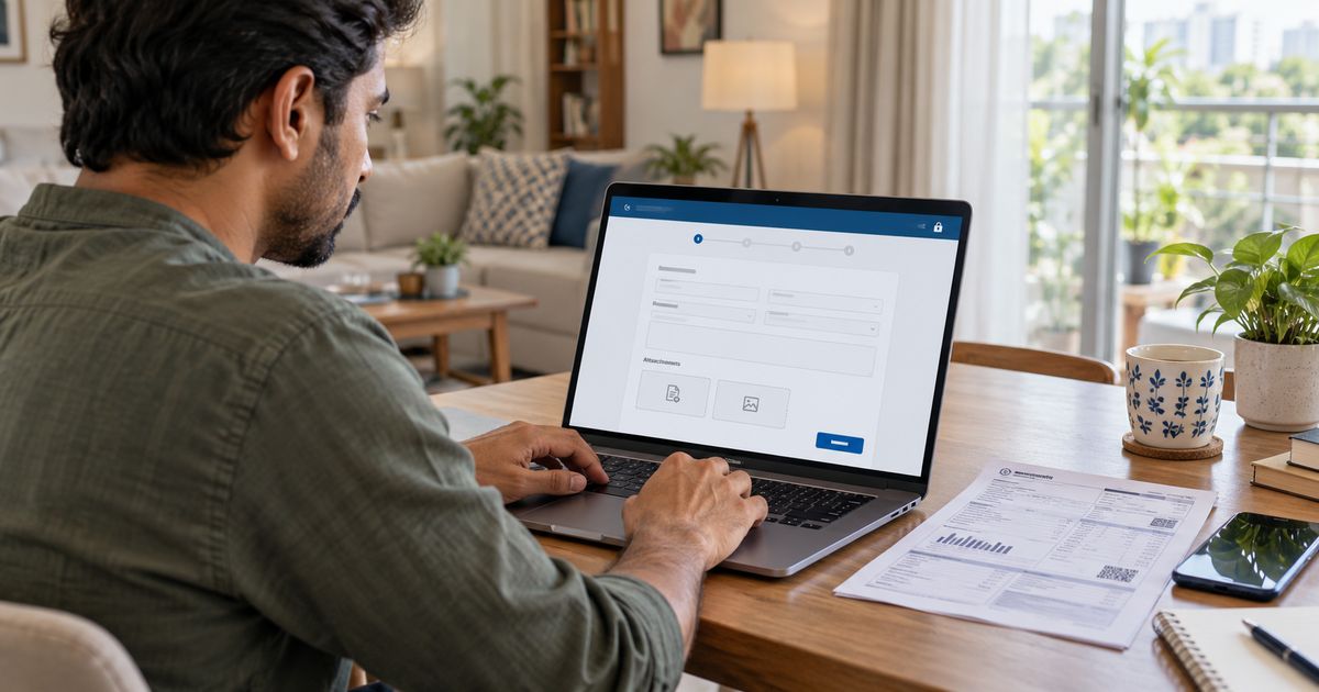 Indian homeowner submitting an online electricity bill complaint on a laptop with a utility bill beside it