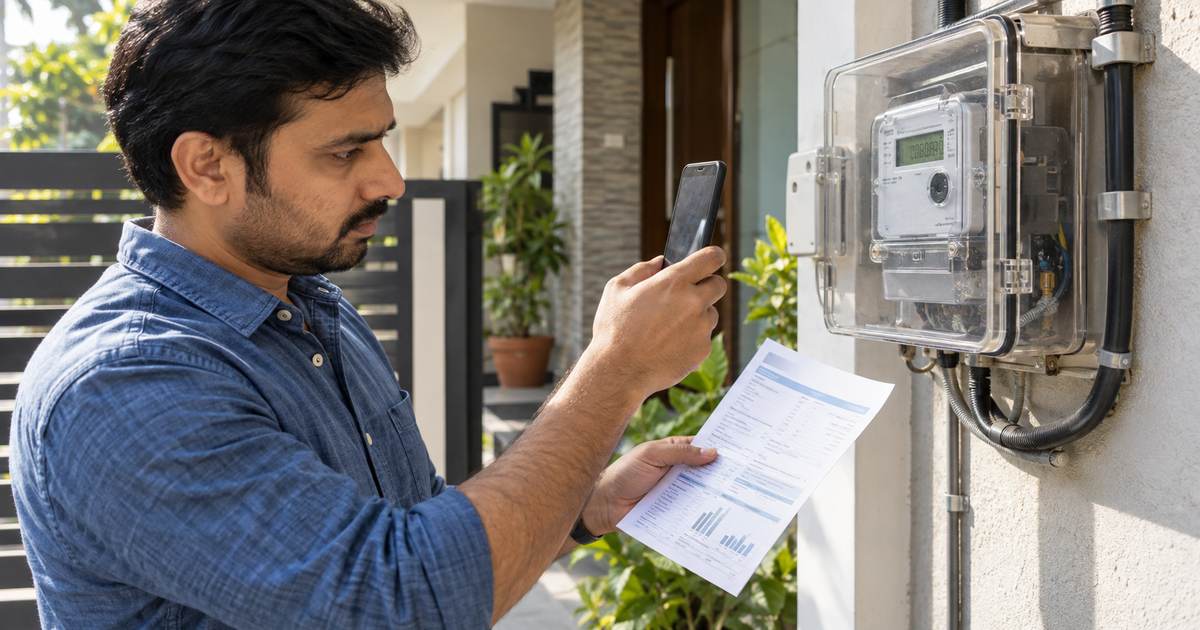 Homeowner comparing a digital electricity meter reading with a printed bill and smartphone