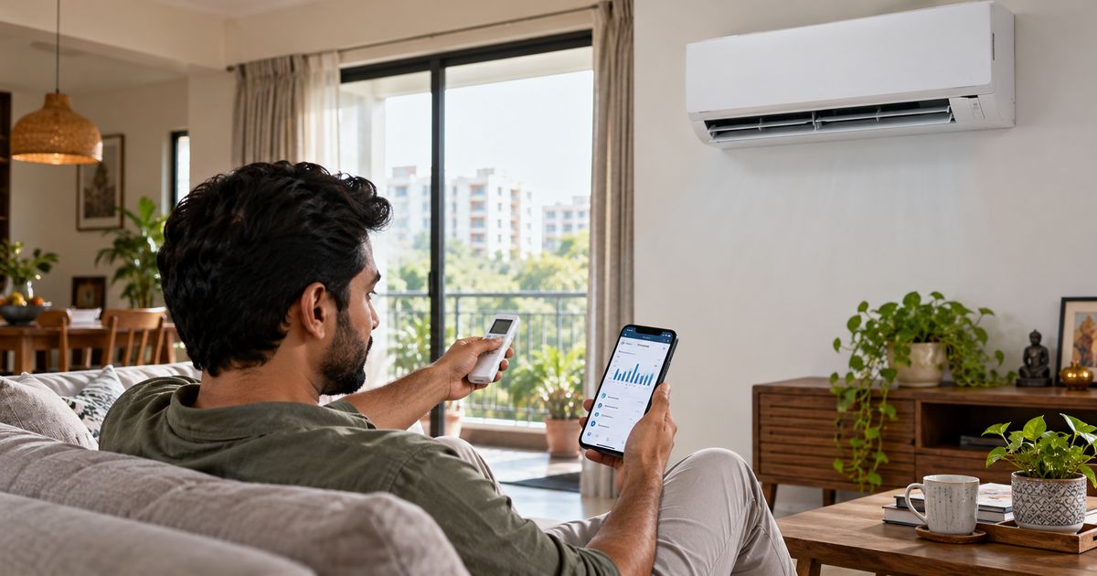 Homeowner checking energy consumption of a wall-mounted split air conditioner using a smartphone