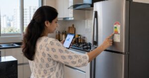 Indian homeowner checking a refrigerator energy efficiency label and electricity usage on a smartphone