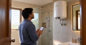 Homeowner checking electricity use while looking at a wall mounted electric storage water heater