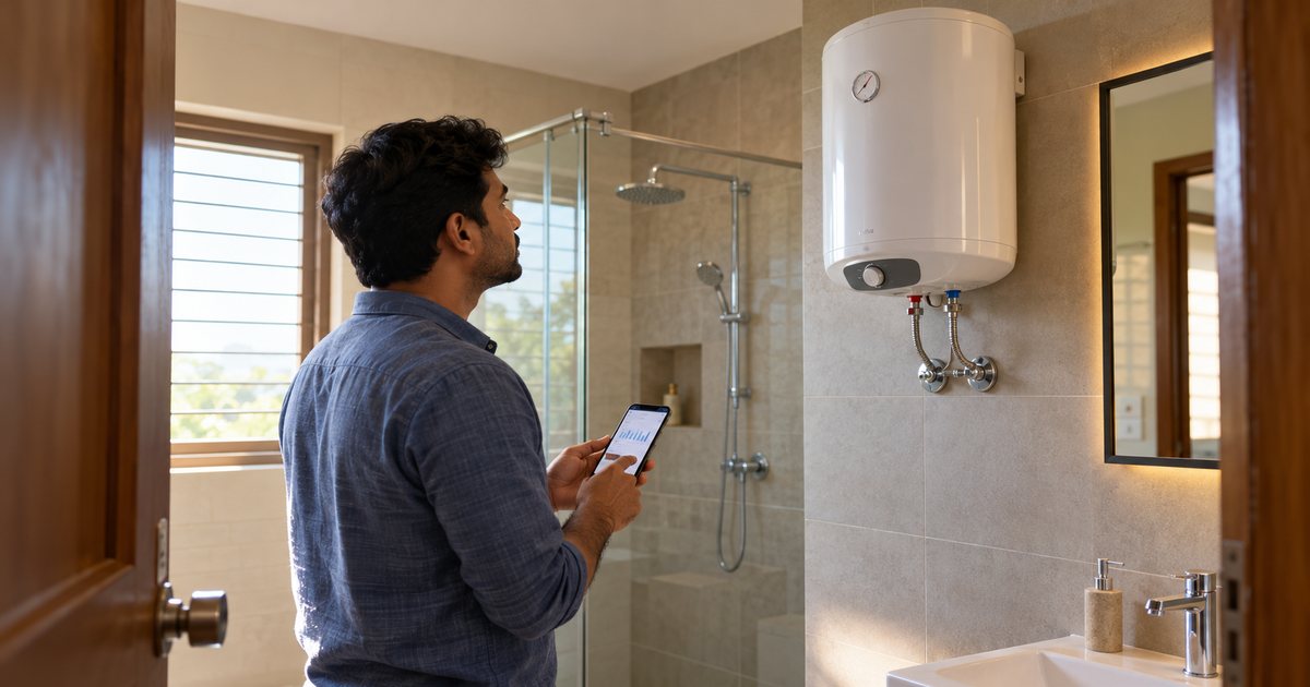 Homeowner checking electricity use while looking at a wall mounted electric storage water heater