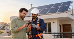 Indian homeowner consulting a rooftop solar installation technician about PM Surya Ghar Yojana