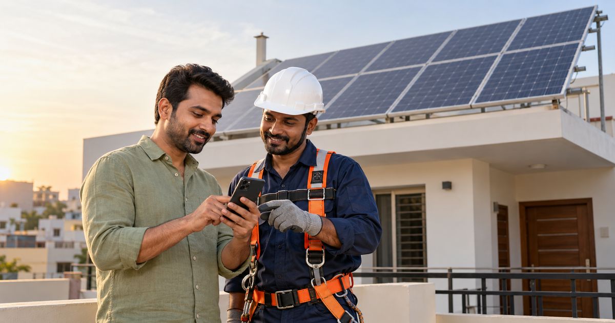 Indian homeowner consulting a rooftop solar installation technician about PM Surya Ghar Yojana