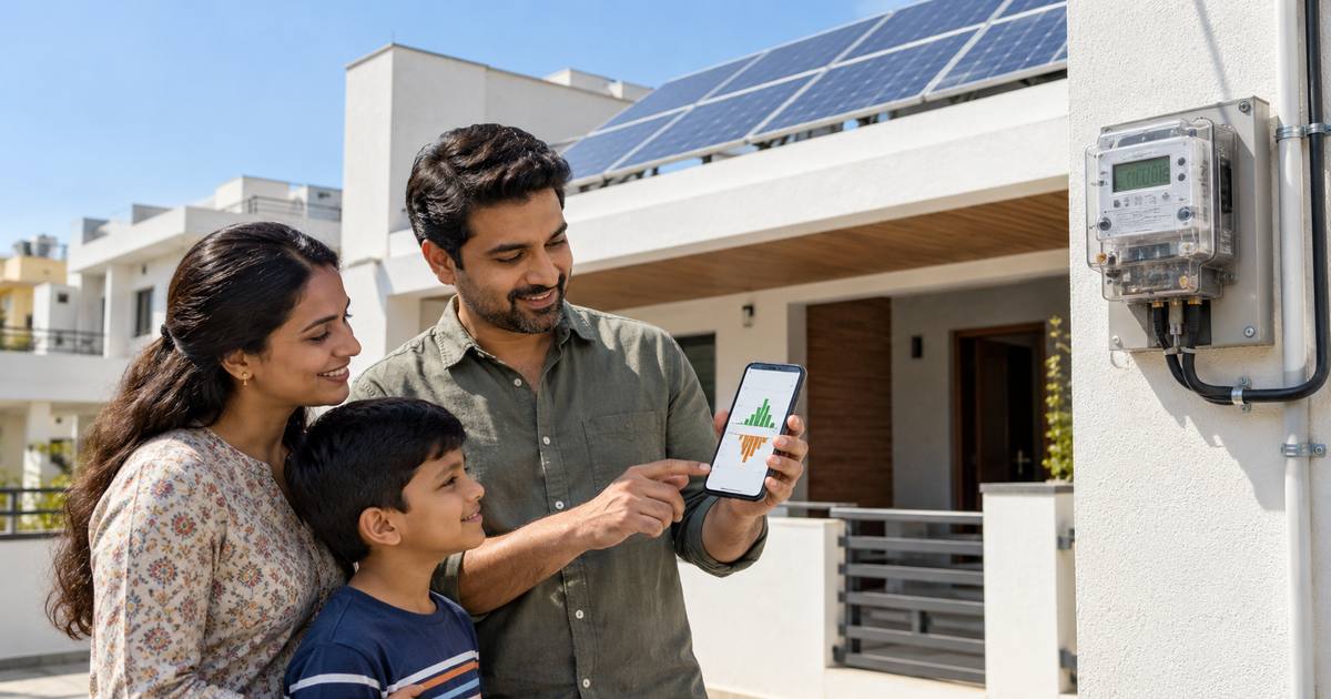 Family reviewing solar import and export electricity usage beside a bidirectional meter and rooftop panels