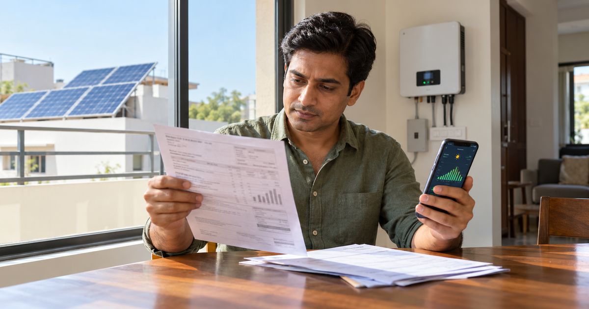 Homeowner comparing an electricity bill with solar generation readings on a smartphone after installing rooftop panels